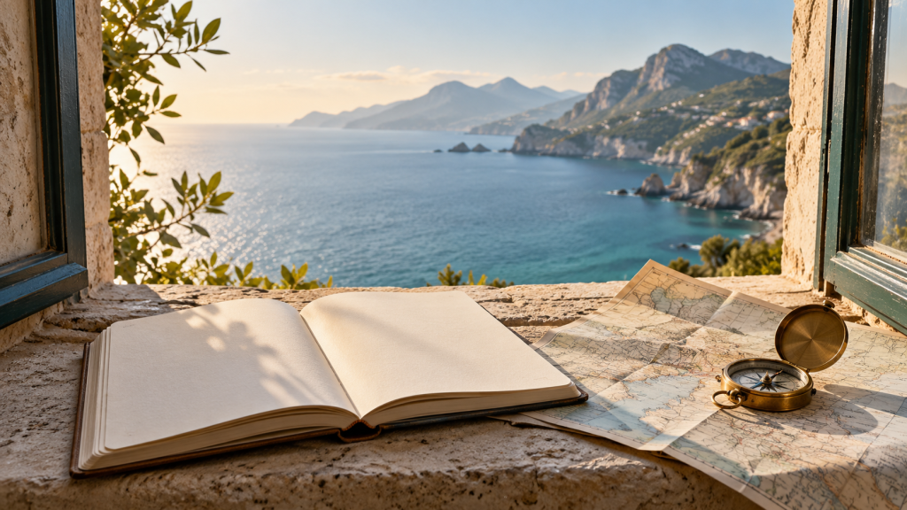 A travel journal, map and compass by a window overlooking the sea