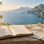 A travel journal, map and compass by a window overlooking the sea