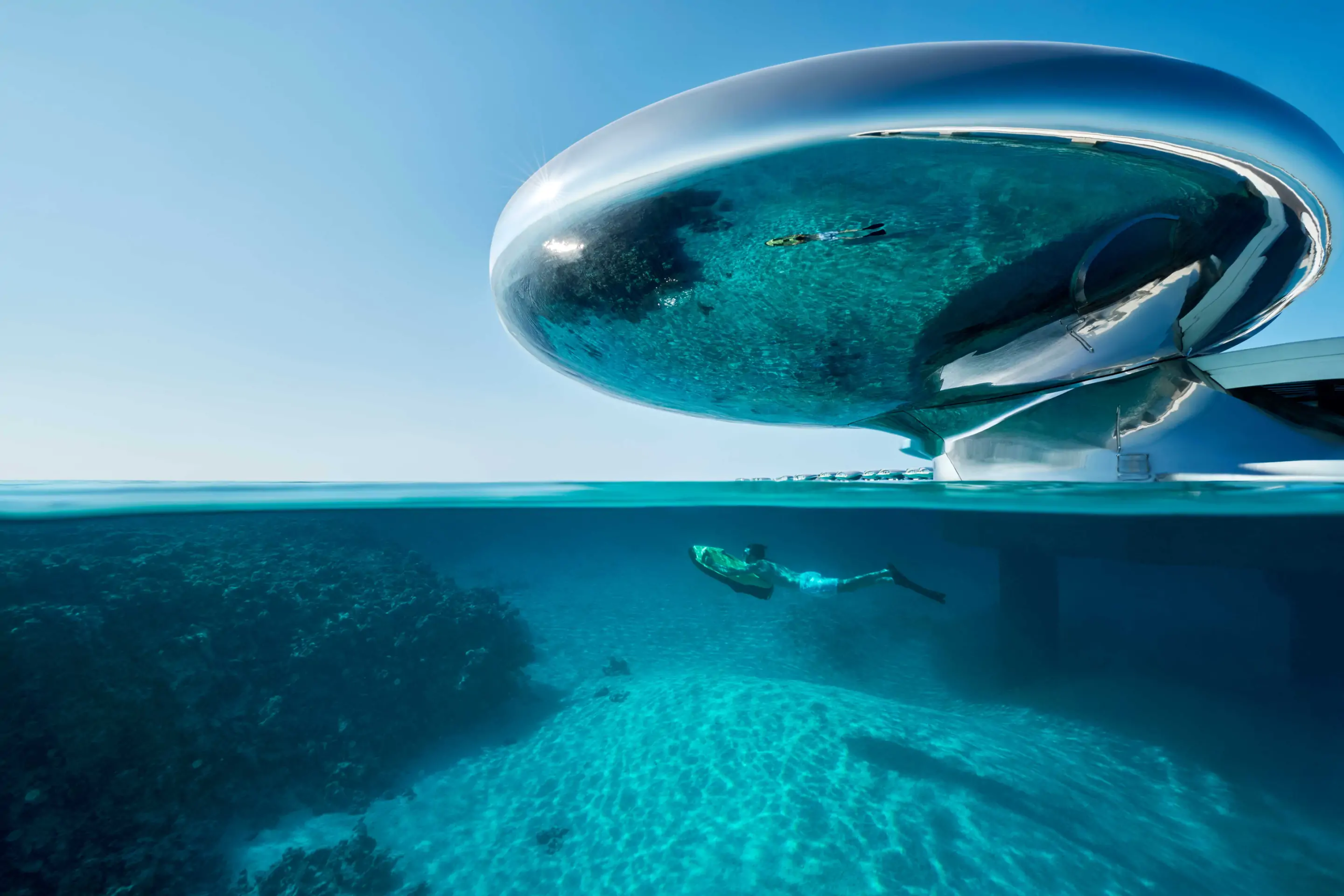 The reflective design of Shebara overwater villas