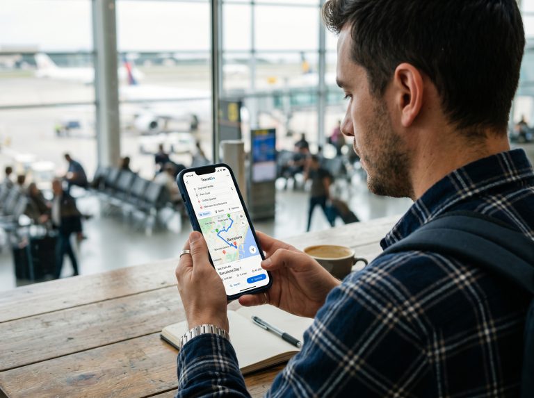 A traveler using a smartphone app at the airport